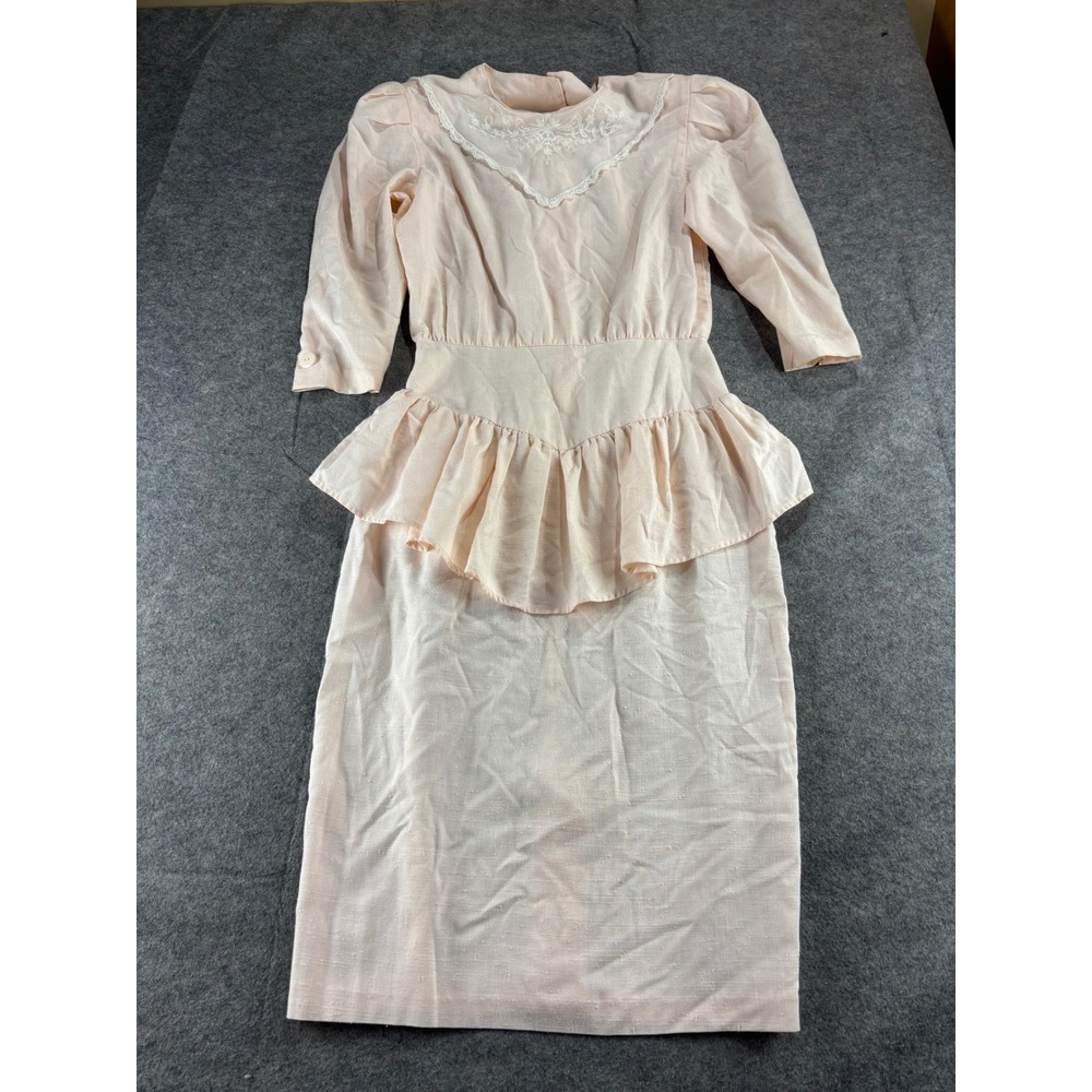 Betsy's Things VTG 80s Peplum Midi Dress Pink Lace Trim Pastel Retro Womens L